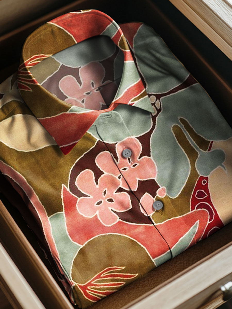 Vintage Abstract Art Print Casual 100% Cotton Short Sleeves Shirt