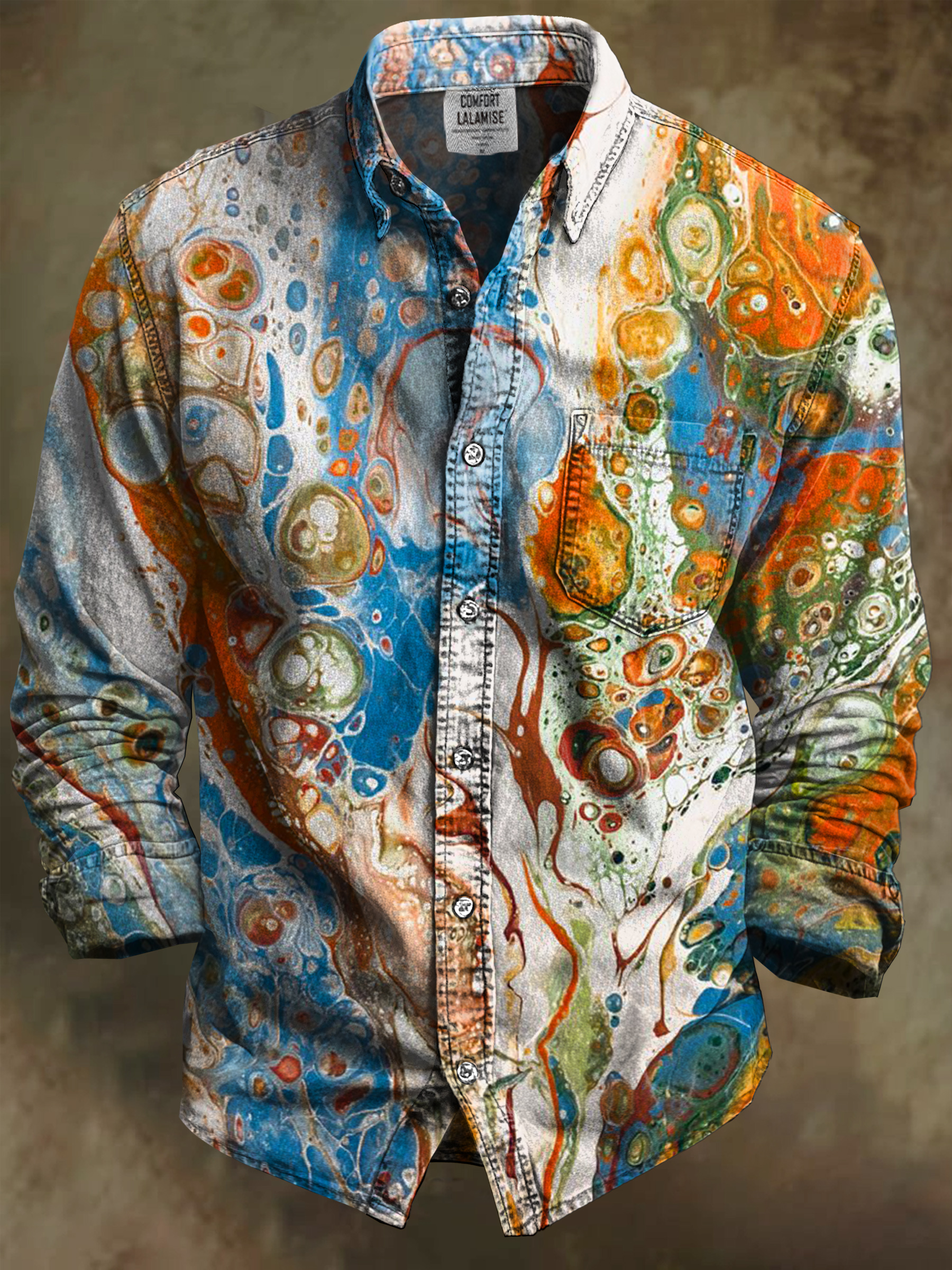 Vintage Multicolor Abstrct Art Print 100% Cotton Long Sleeve Shirt