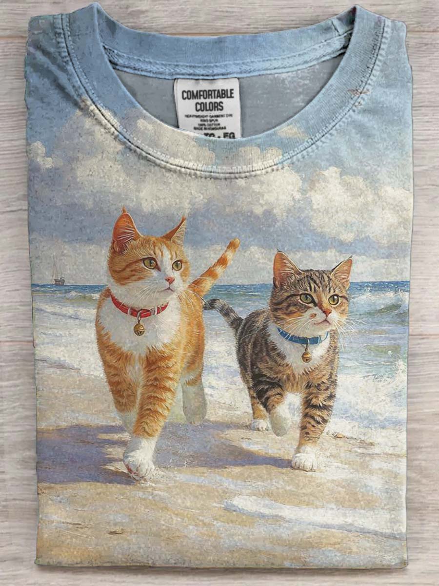 Fun Seaside Cat Print Casual Short Sleeve T-Shirt