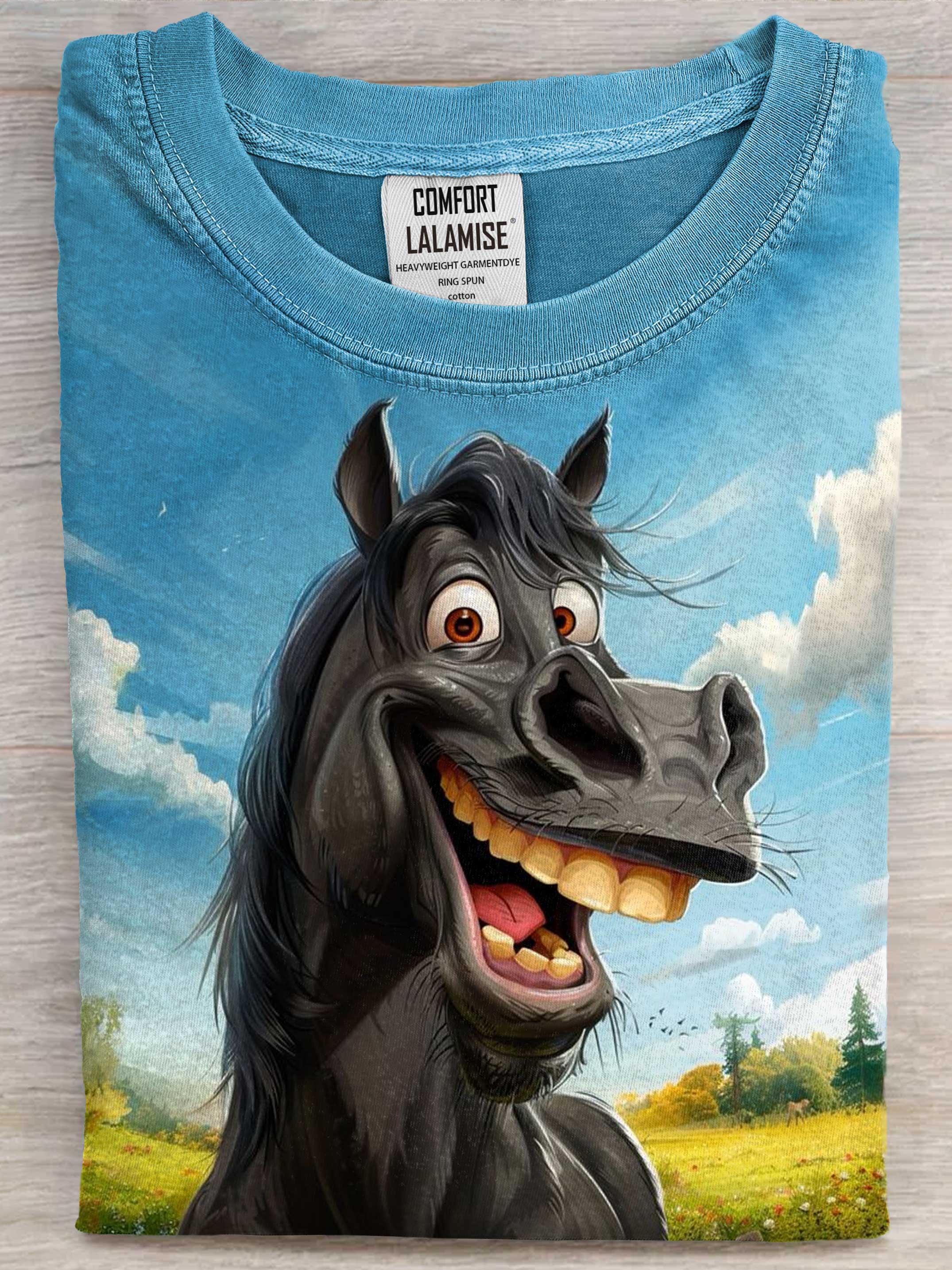 Funny Black Horse Art Print Cotton Casaul Short Sleeve T-shirt