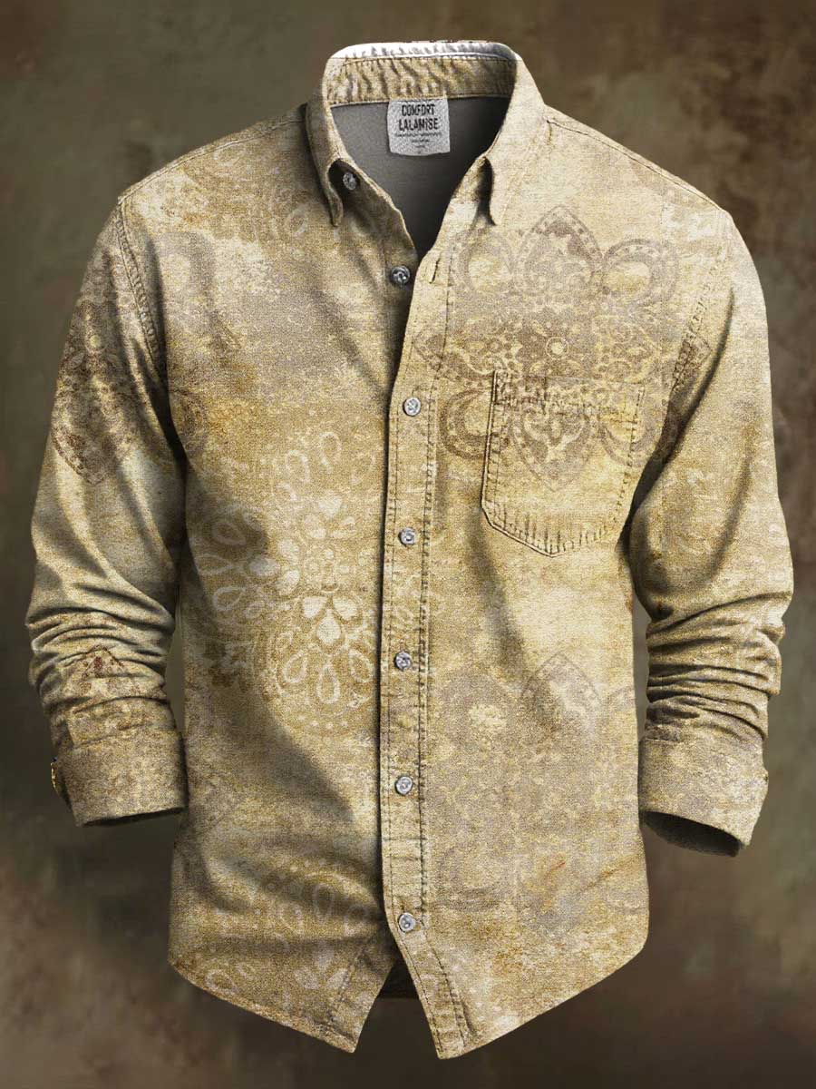 Vintage Light Yellow Mandala Pattern Print 100% Cotton Long Sleeve Shirt