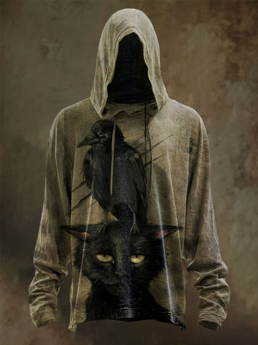 Black Cat With Raven Art Print Casual Long Sleeve Hoodie Shirt