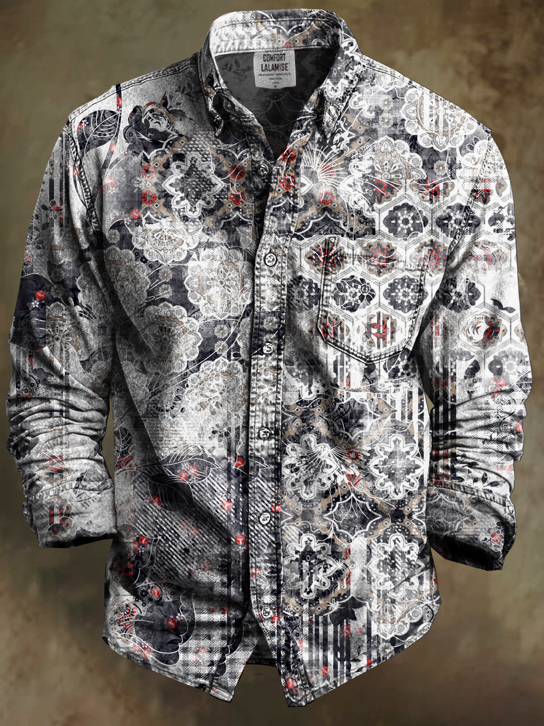 Vintage Abstract Ethnic Floral Totem Art Print 100% Cotton Long Sleeve Shirt