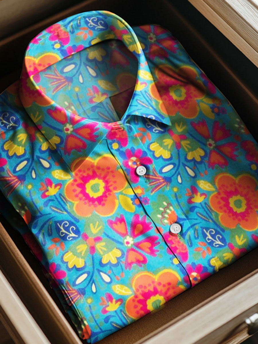 Vintage Ethnic Flower Print Casual 100% Cotton Short Sleeves Shirt