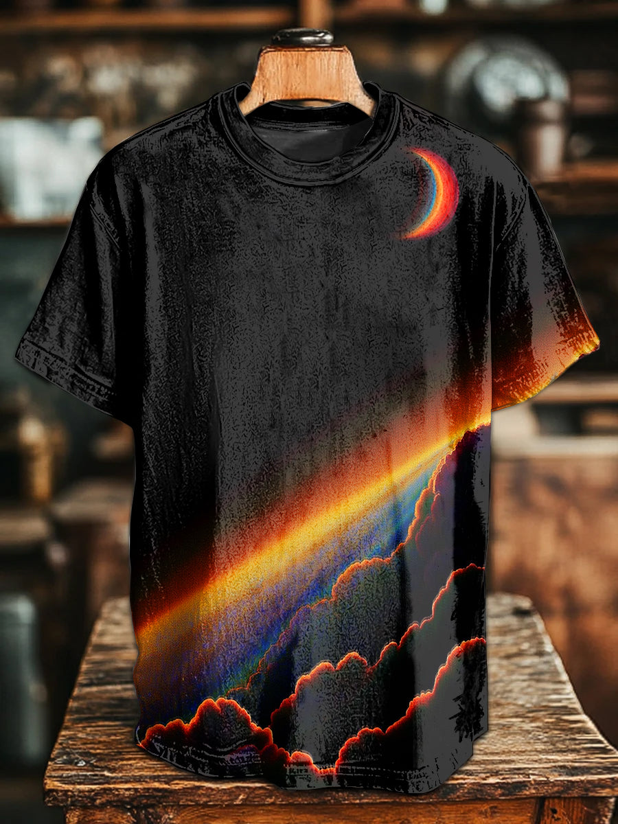 Retro Rainbow Night Scene Casual Loose Short Sleeve T-shirt