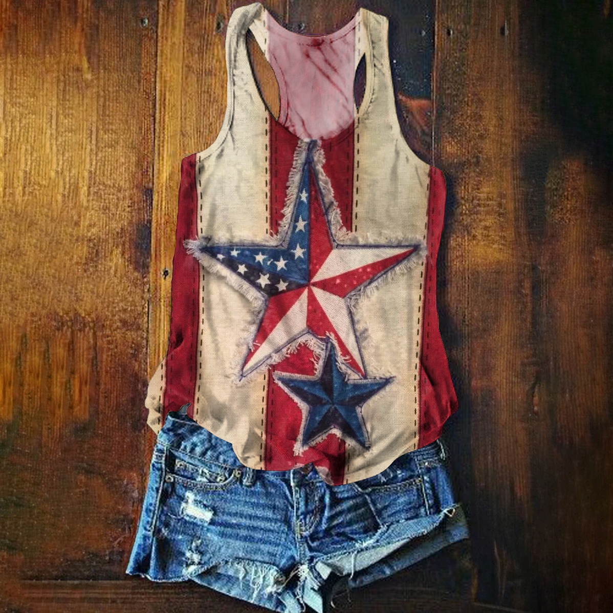 Women's Star Pattern Art Print Crew Neck Casual Tank Top