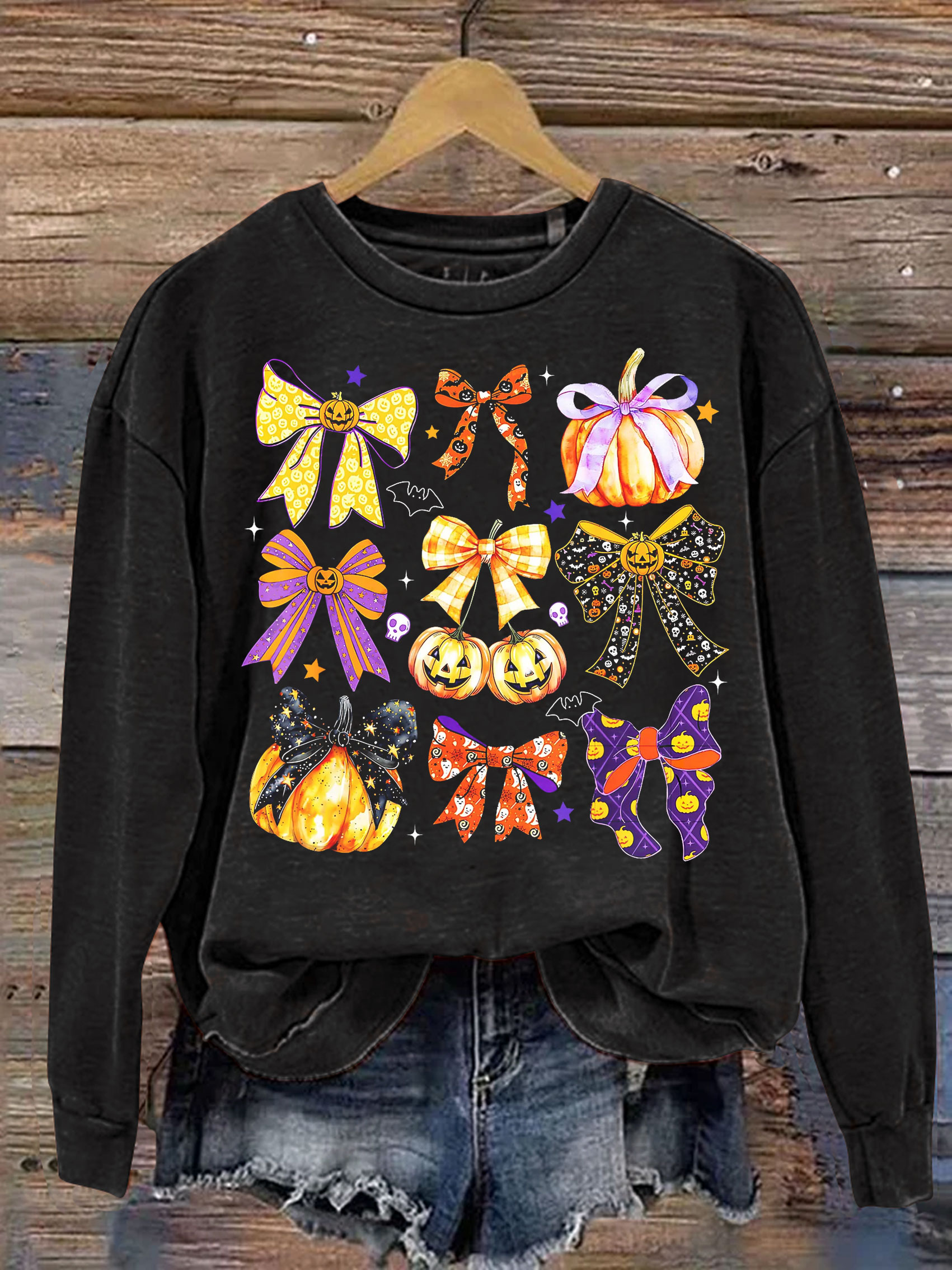 Coquette Bow Pumpkin Halloween Print Casual Sweatshirt