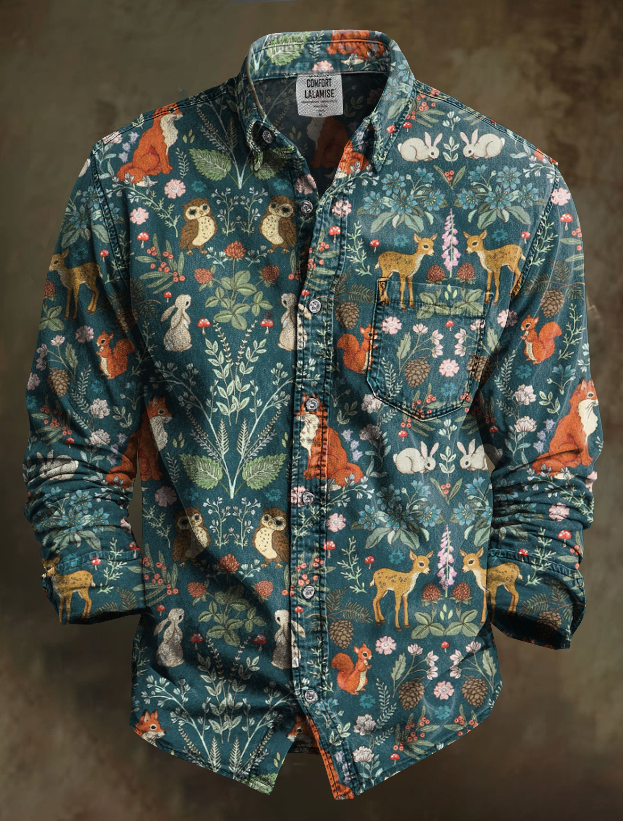 Vintage Midnight Forest Adventure Art Print 100% Cotton Long Sleeve Shirt