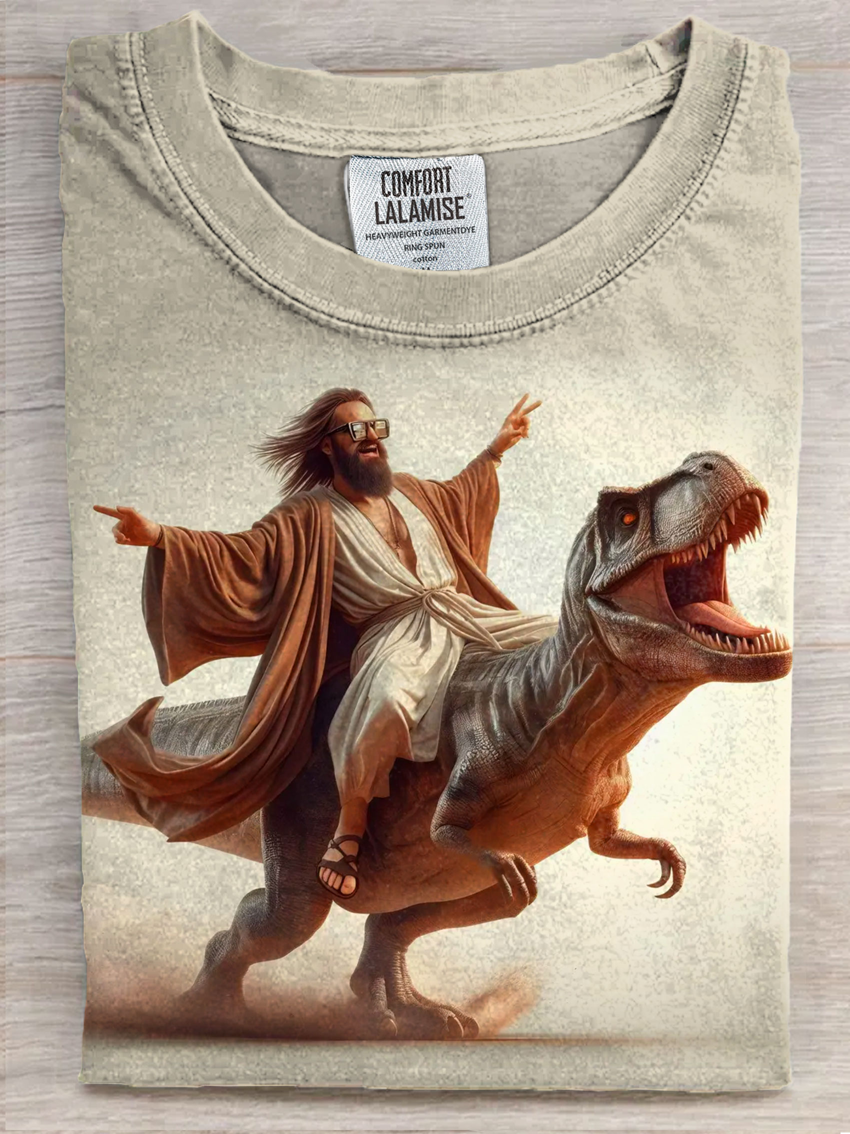 Jesus Christ on a Dinosaur Christian  Art Print Casual Short Sleeve T-shirt