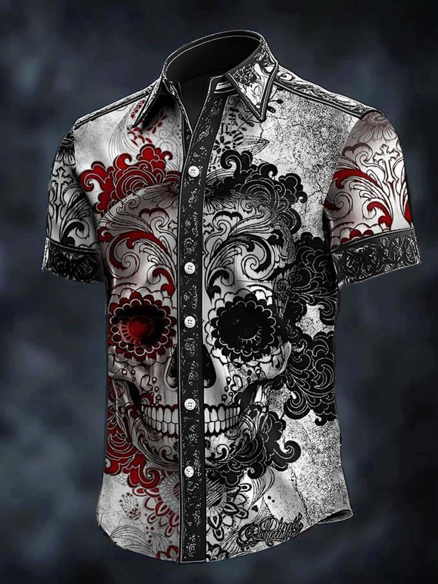Vintage Death Skull Paisley Cross Art Print Casual 100% Cotton Shirt