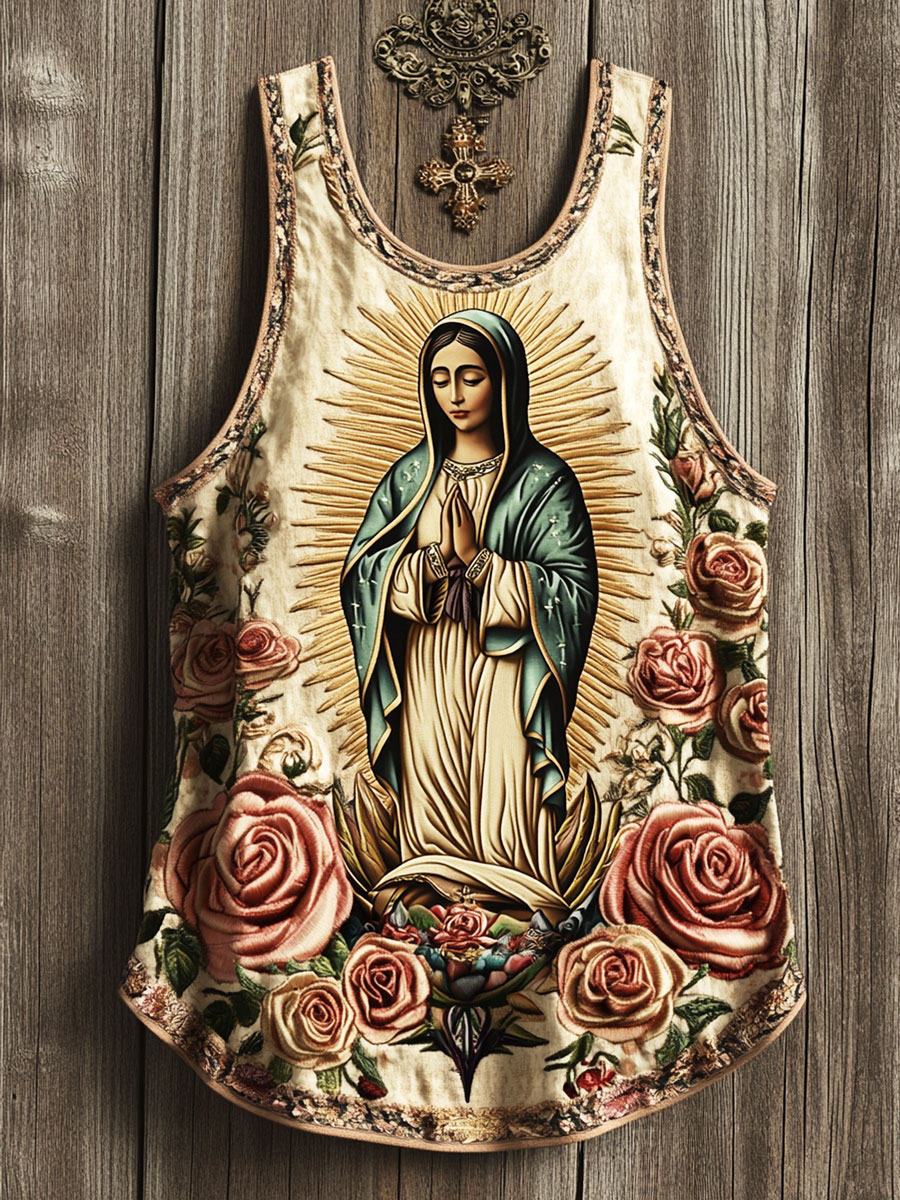 Vintage Floral Virgin Mary Print Tank Top