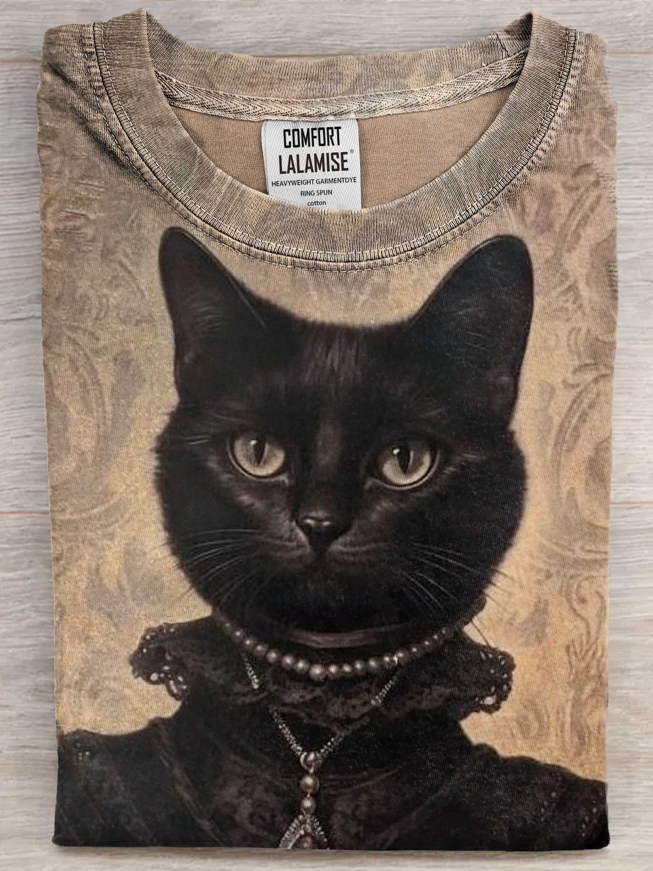 Vintage Cat Lady Art Print Casual Short Sleeve T-shirt