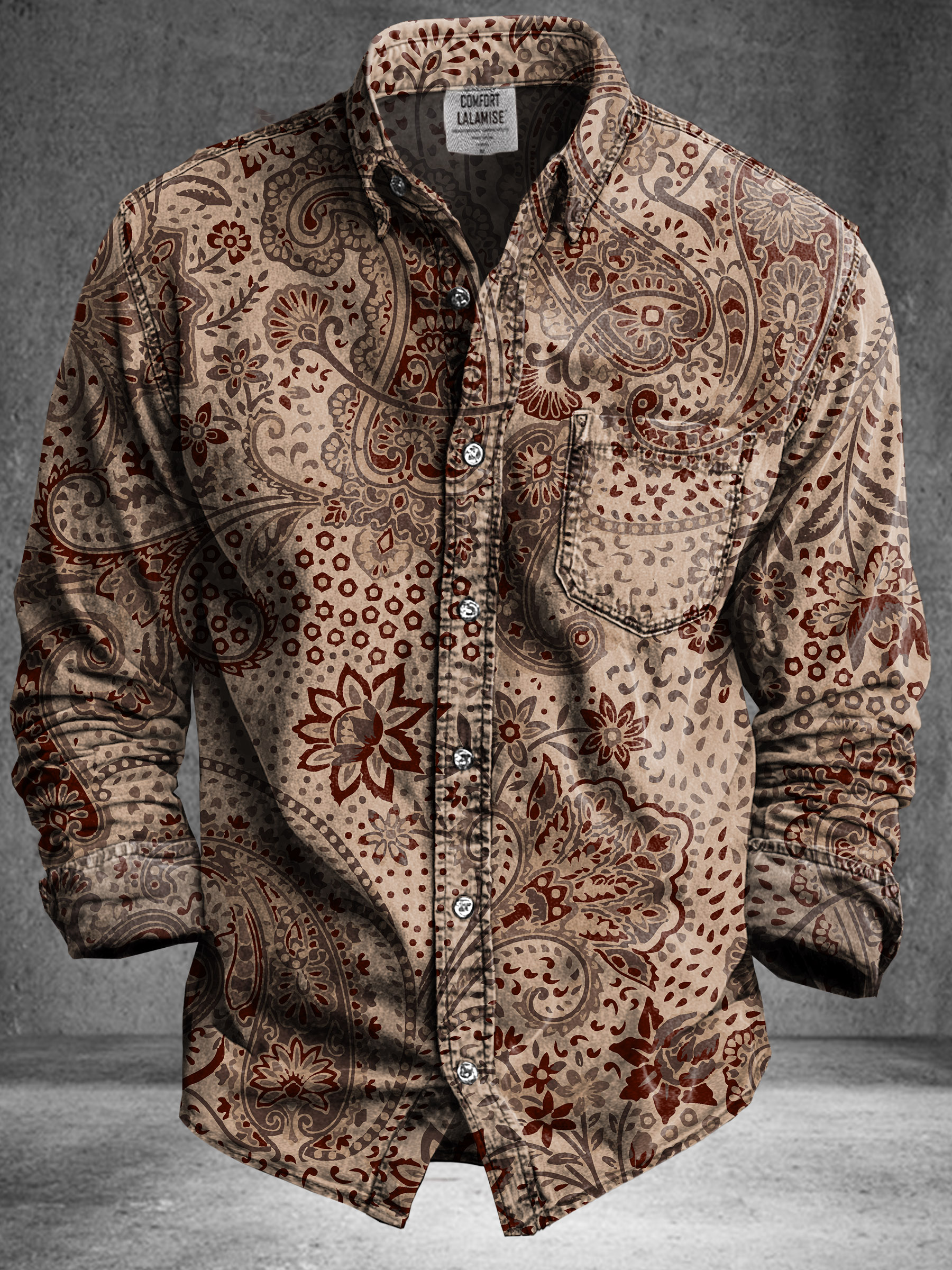 Vintage Abstract Ethnic Floral Art Print 100% Cotton Long Sleeve Shirt