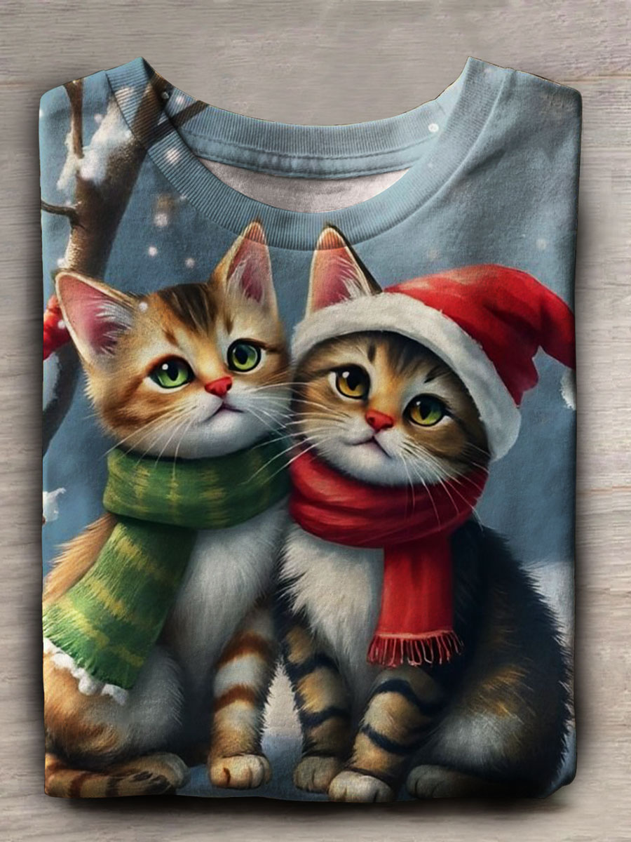 Winter Cat Print Short Sleeve Top