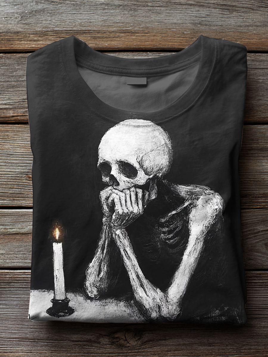 Retro Dark Halloween Skull Candle Art Print T-shirt