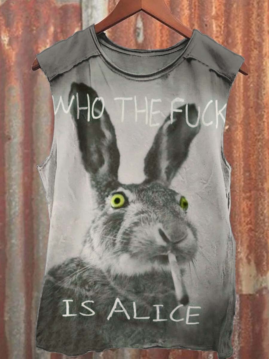 Fun Cute Bunny Smoking Print Casual Tank Top