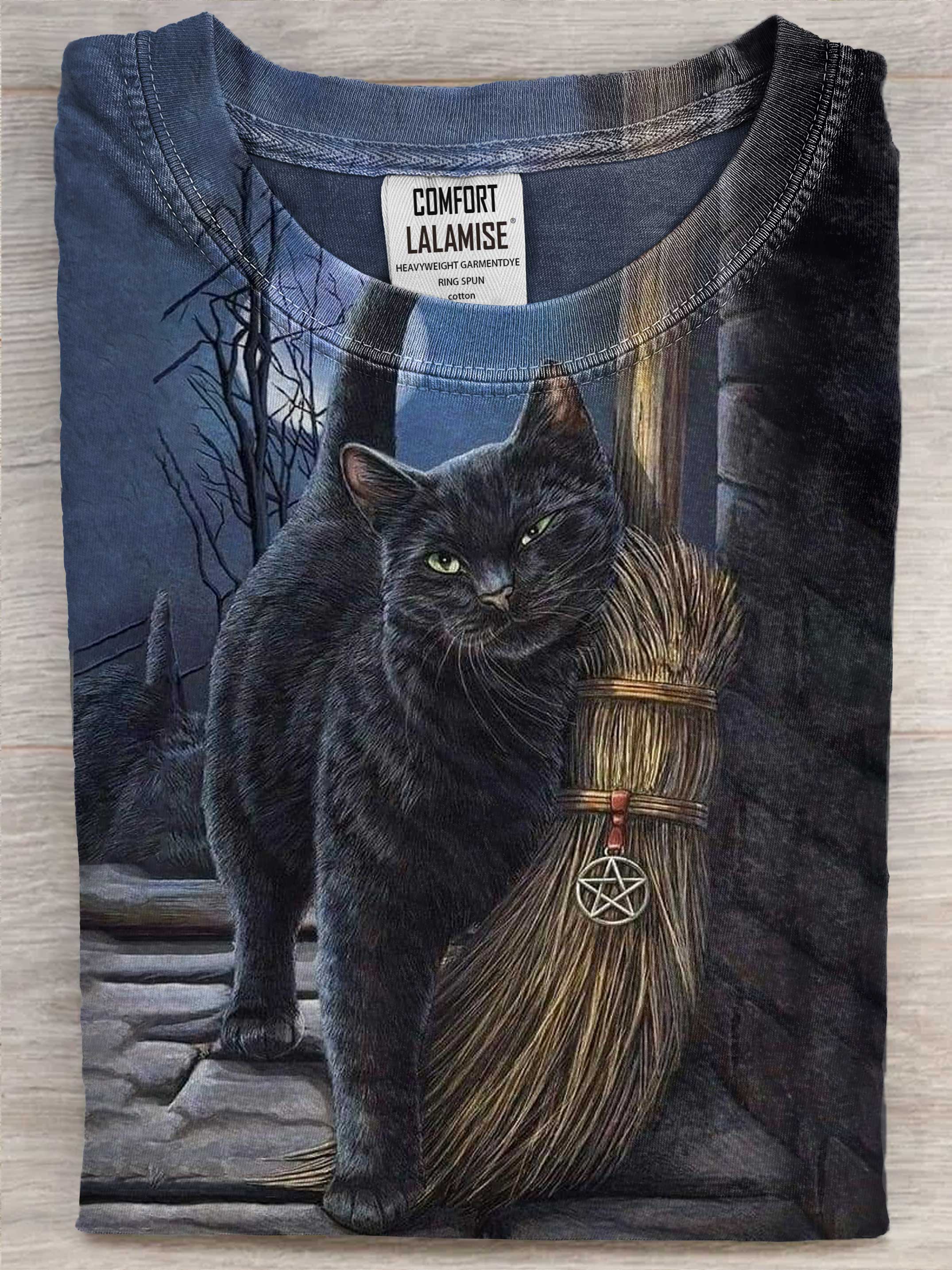 Halloween Black Cat Art Print Casual Cotton Short Sleeve T-shirt