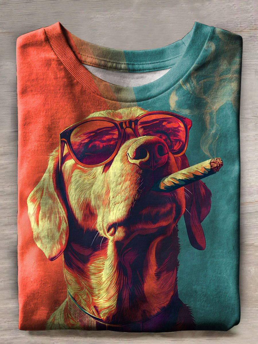 Dog Smoking Art Print Casual T-shirt