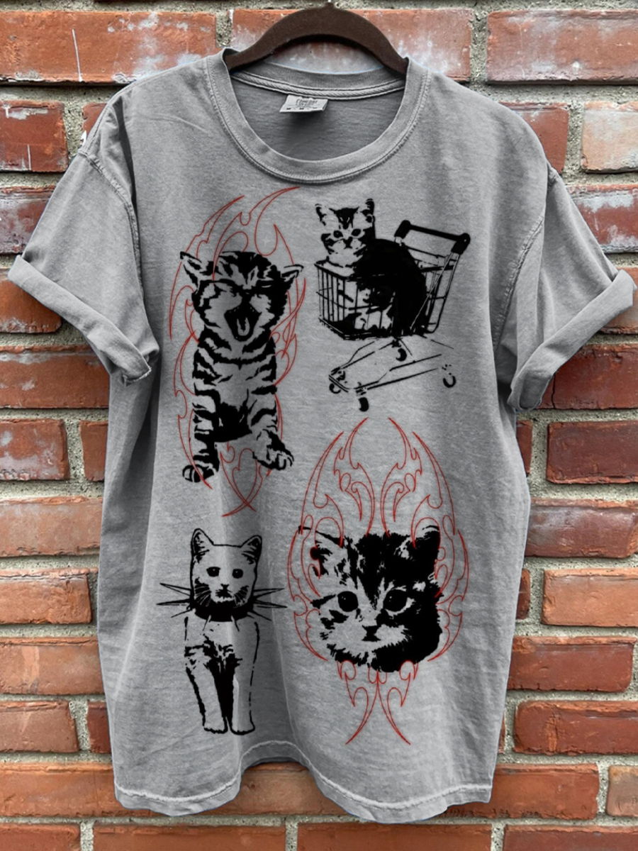 Vintage Cat Art Print Casual T-shirt For Men And Women