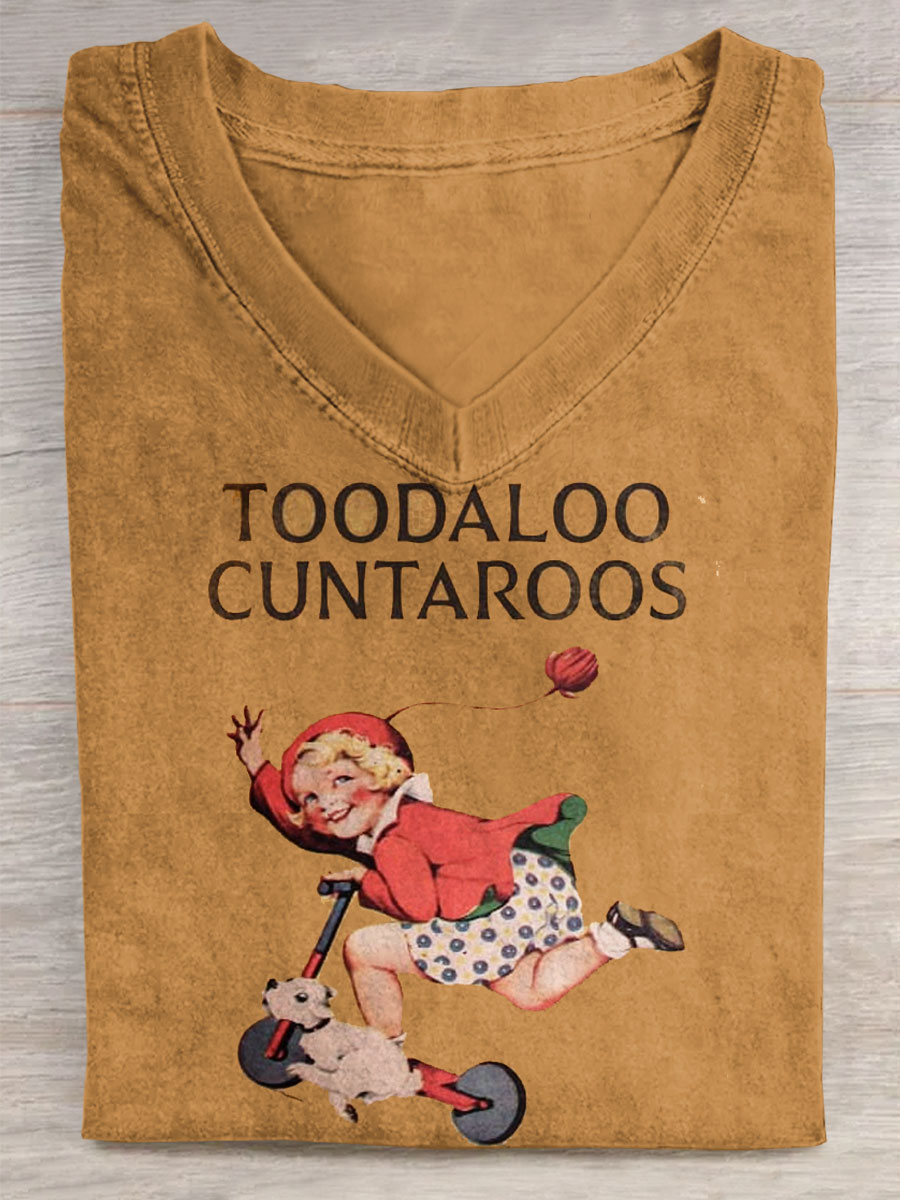 Vintage TOODALOO Art Print V-neck Casual T-Shirt