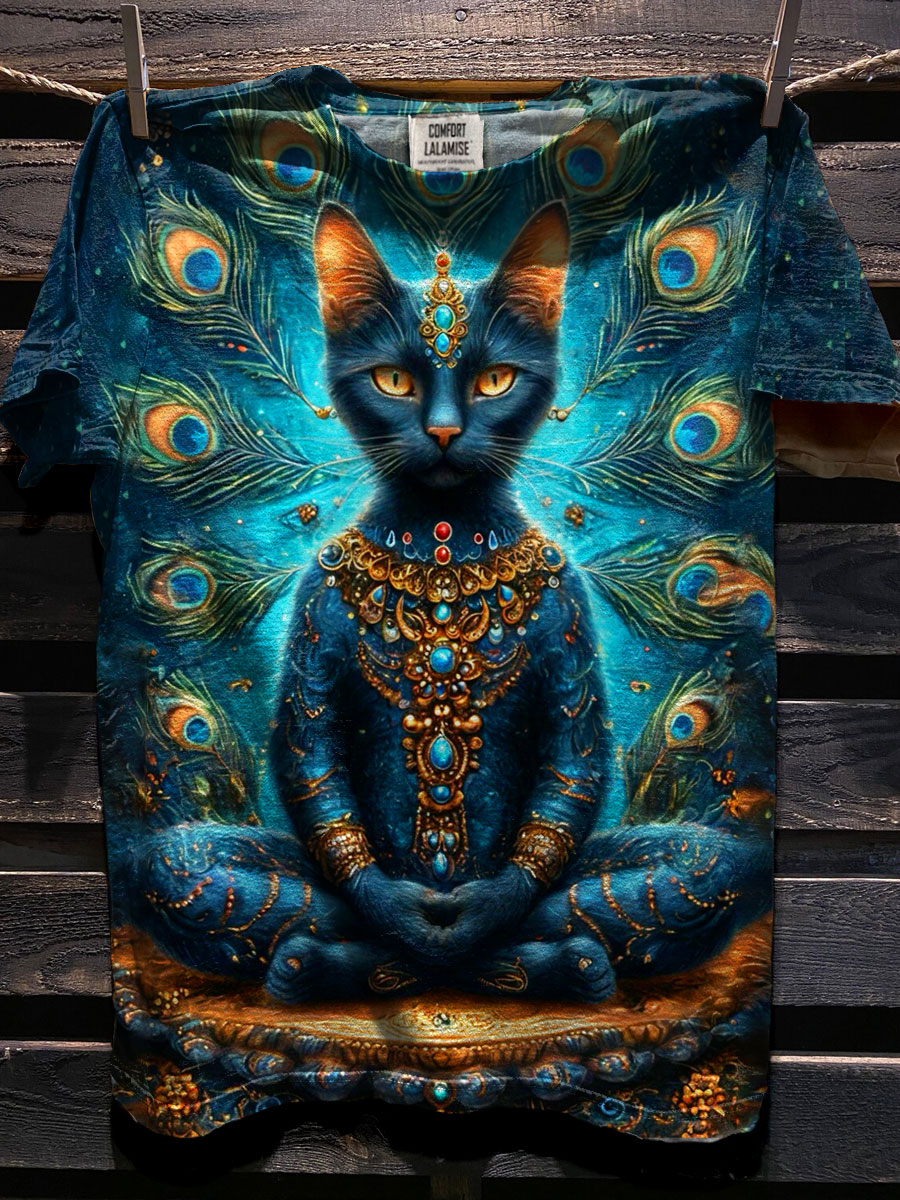 Meditation Yoga Cat Art Print Casaul Short Sleeve T-shirt