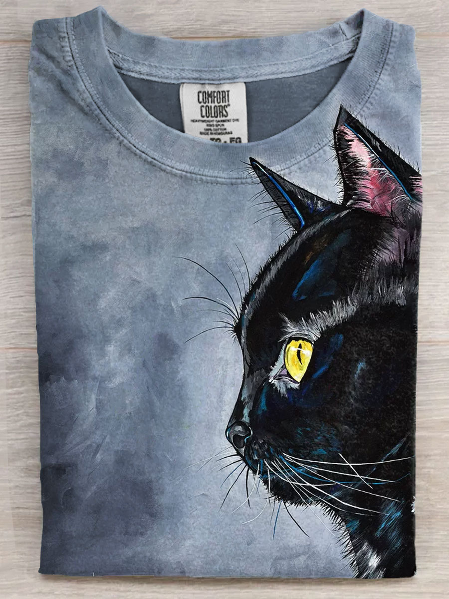 Black Cat  Painting Art Print Casual Short Sleeve T-shirt