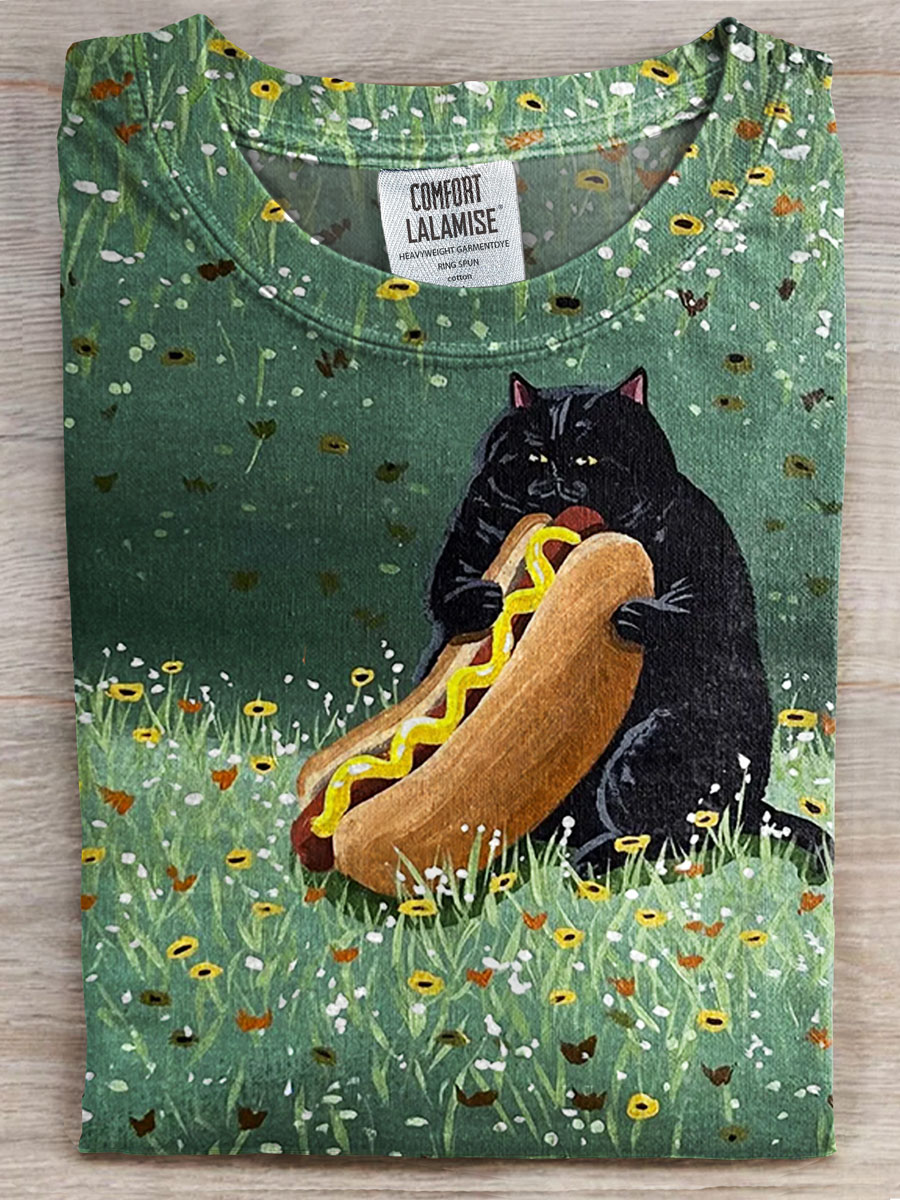 Vintage Cat Print Casual T-shirt