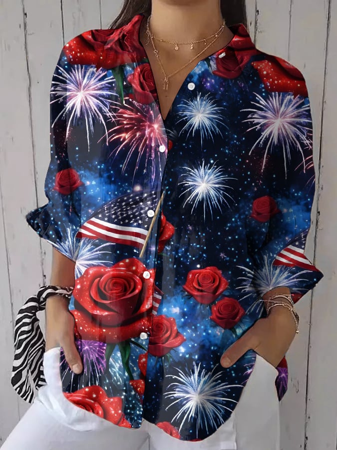 Women's Casual Retro Independence Day Print Shirt