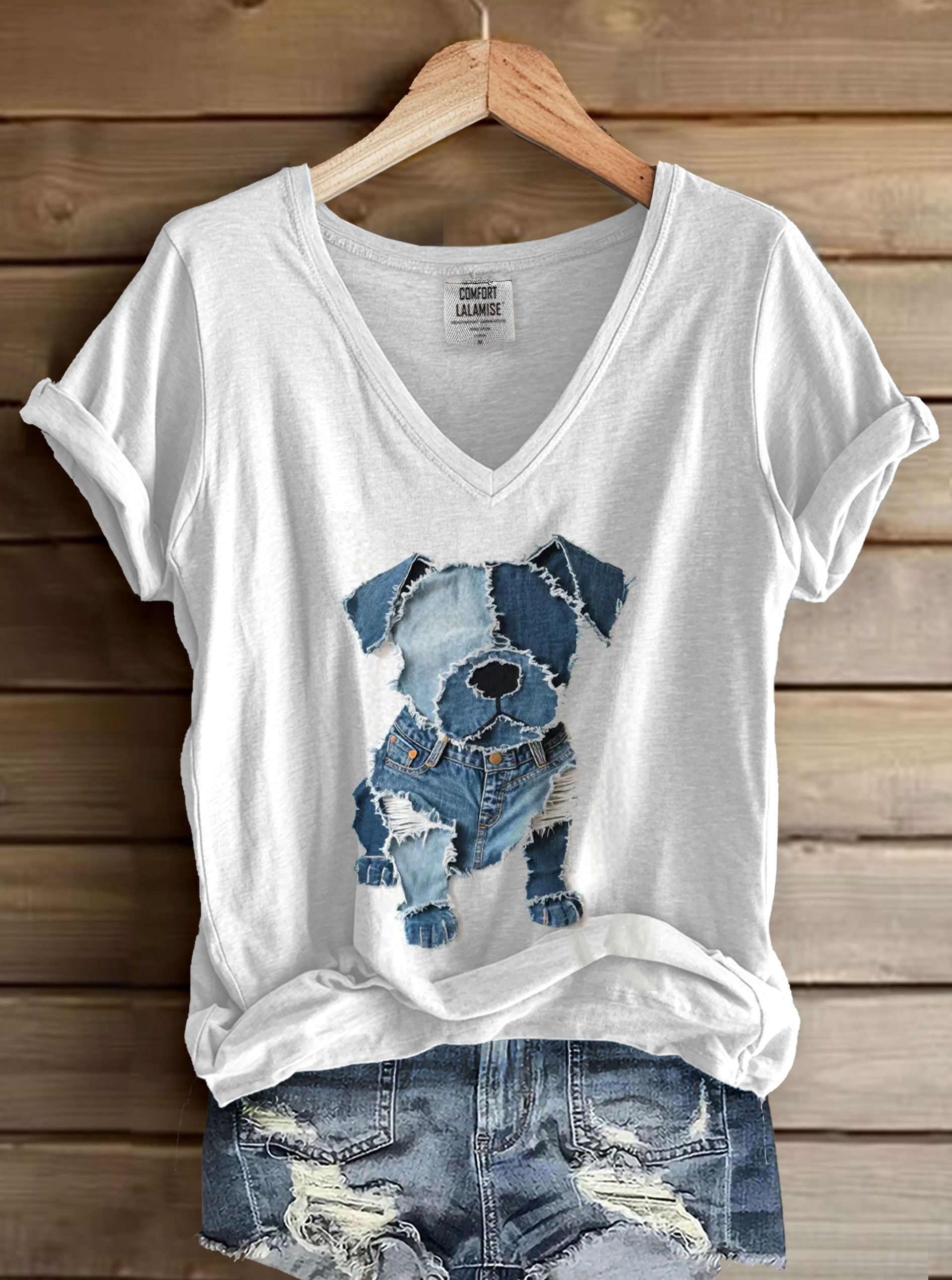 Cute Dog Denim Patchwork Art Print V-neck Casual T-Shirt