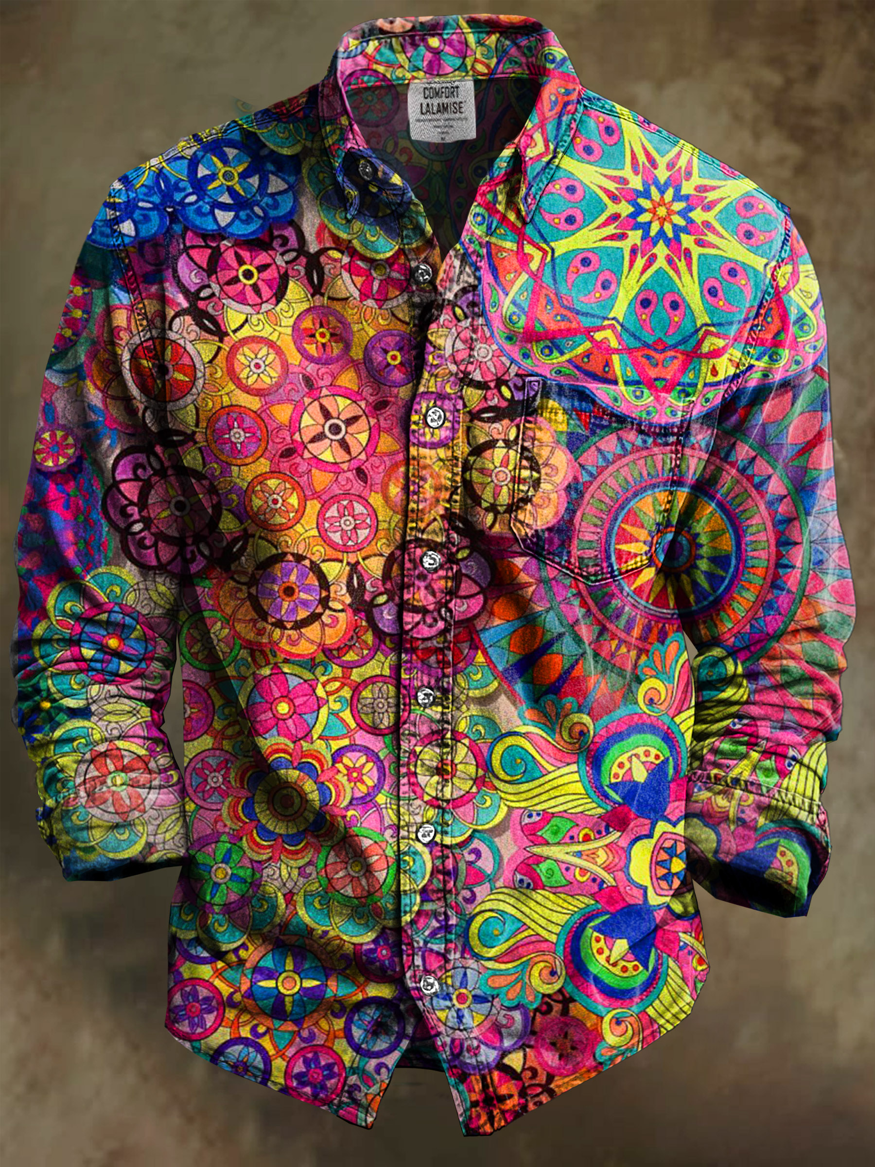 Psychedelic Multicolored Flowers Art Print 100% Cotton Long Sleeve Shirt