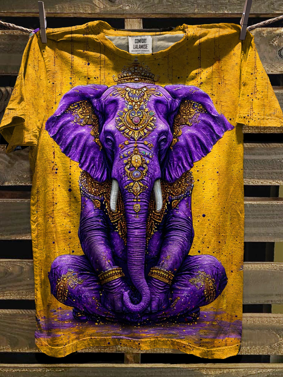Meditating Elephant Art Print Casaul Short Sleeve T-shirt