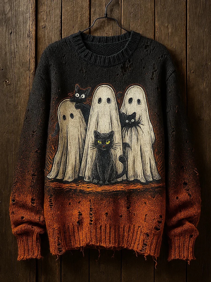 Funny Vintage Halloween skull cat Art Print Knit Pullover Sweater