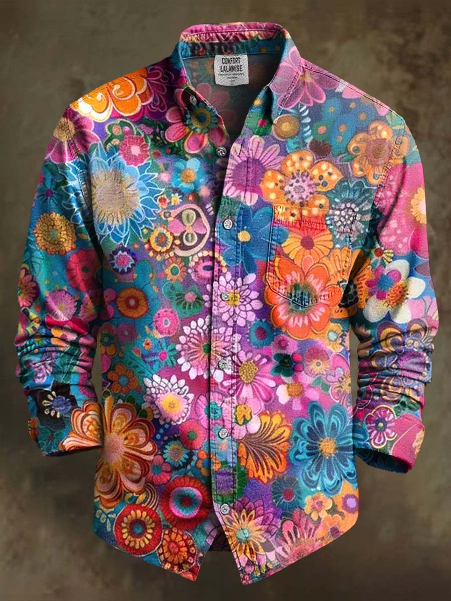 Retro Flower Power Art Print 100% Cotton Long Sleeve Shirt