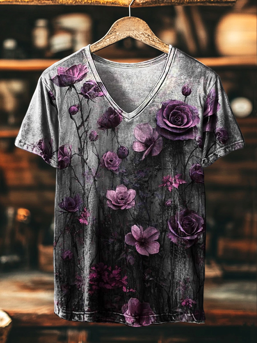 Unisex Vintage Purple Floral Print Casual V-Neck T-Shirt