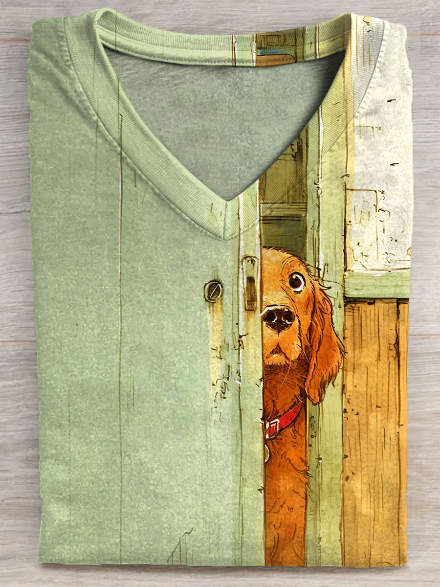 The Waiting Dog Art V-neck Casual T-Shirt