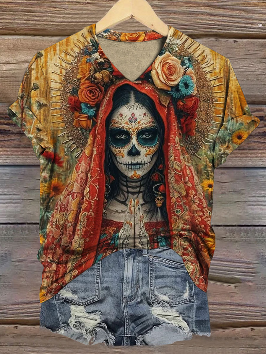 Women's Skull Print V-neck Casual T-Shirt