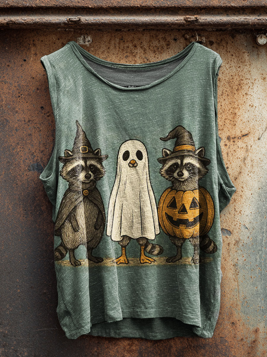 Vintage Halloween Raccoon Art Print 100% Cotton Casual Tank Top