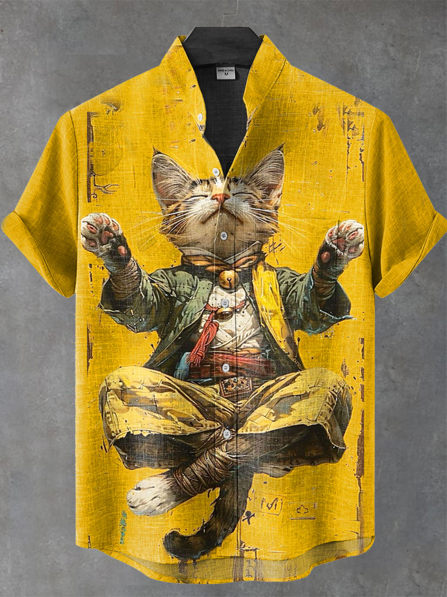 Meditating Cat Vintage Print Casual 100% Cotton Shirt