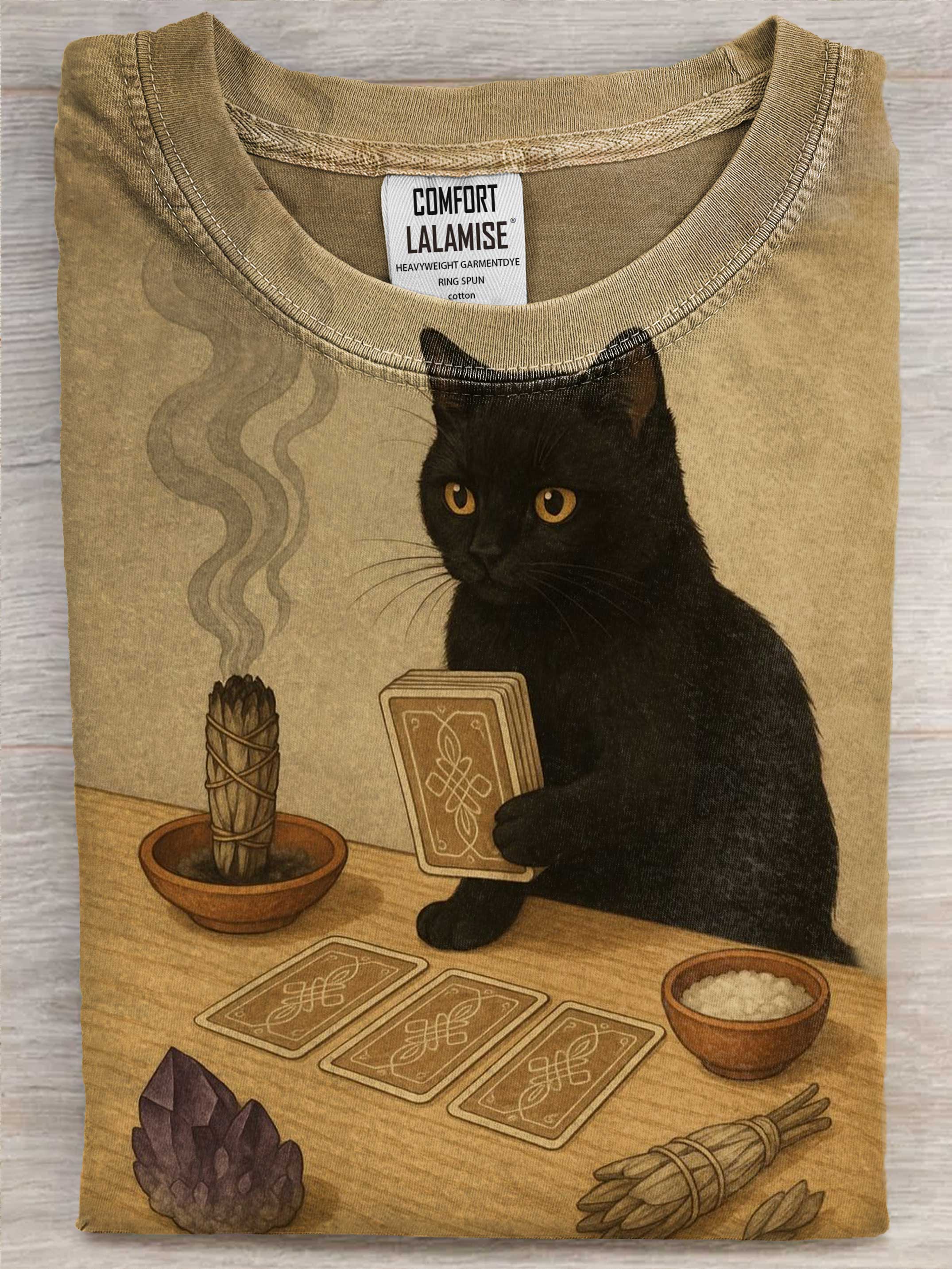 Fortune Telling Black Cat Art Print Casaul Cotton Short Sleeve T-shirt