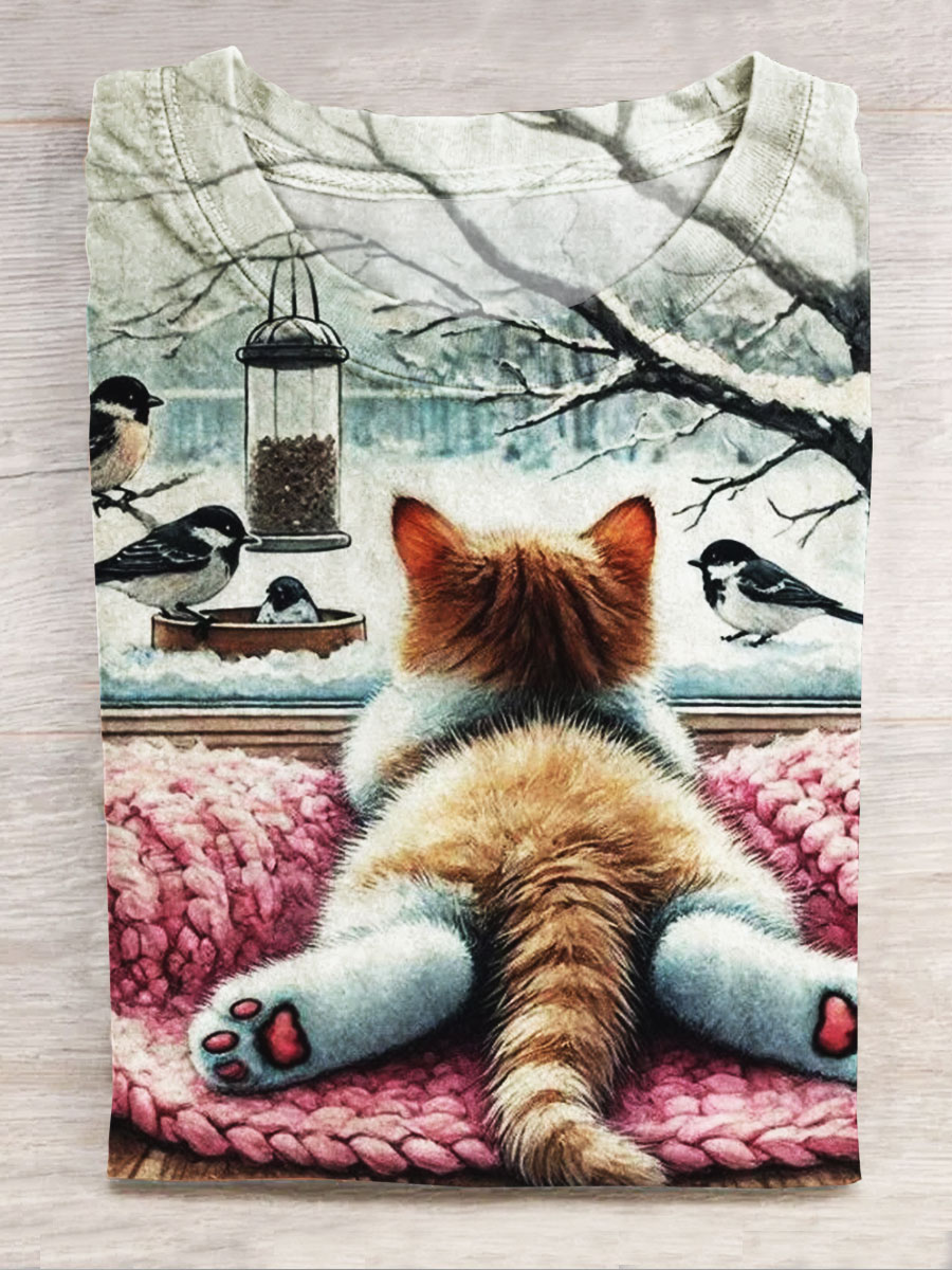 Cute Cat Print Casual Short Sleeve Top