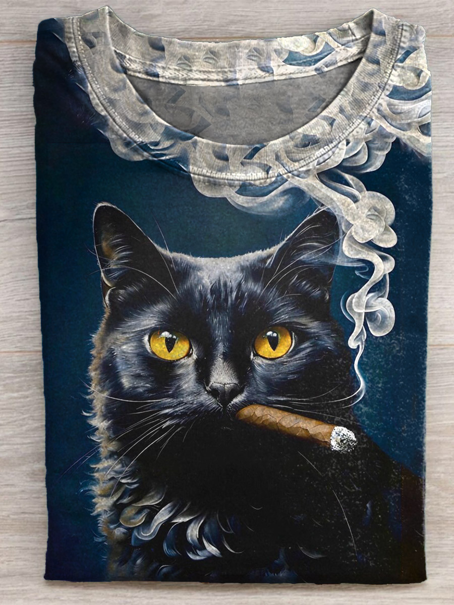 Funny Smoke Cat Print Casual T-shirt