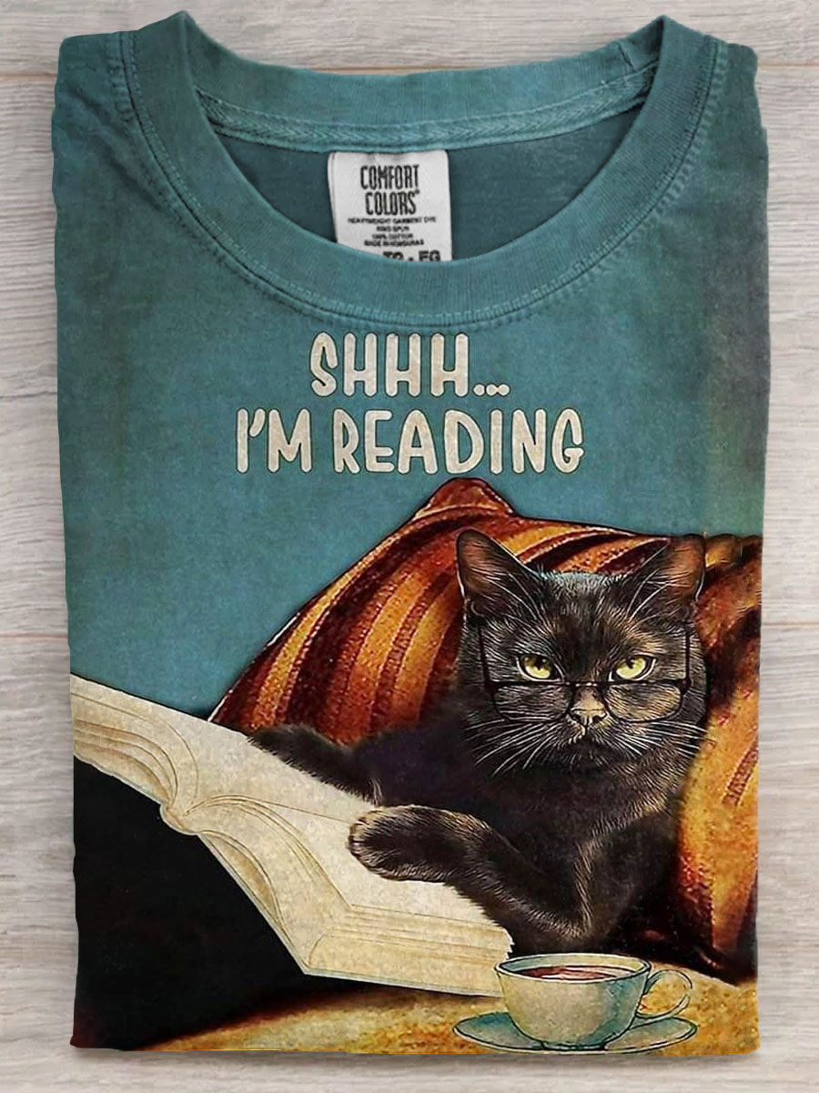 Vintage Reading Lover Funny Cat Art Print Casual Short Sleeve T-shirt