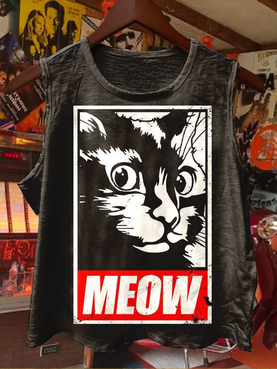 Vintage Cat Print 100% Cotton Casual Tank Top