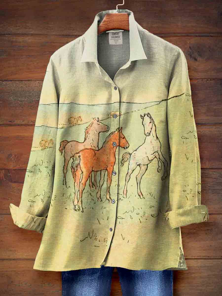 Horse West Famer Art Print Casual Cotton Shirt