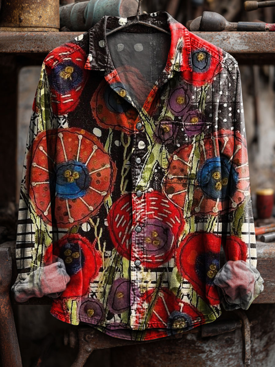 Vintage Poppy Flower Patchwork Art Print 100% Cotton Long Sleeve Shirt