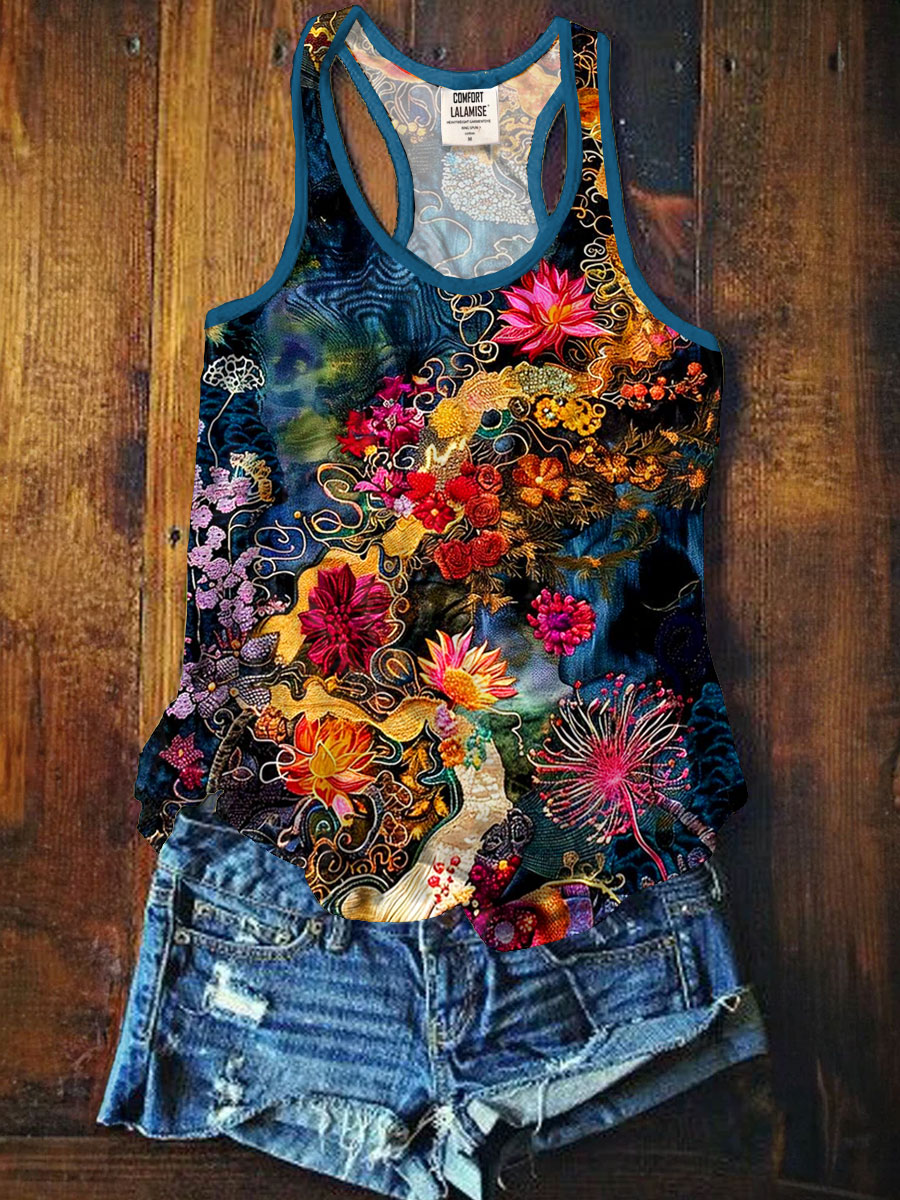 Vintage Floral Art Print Casaul Tank Top