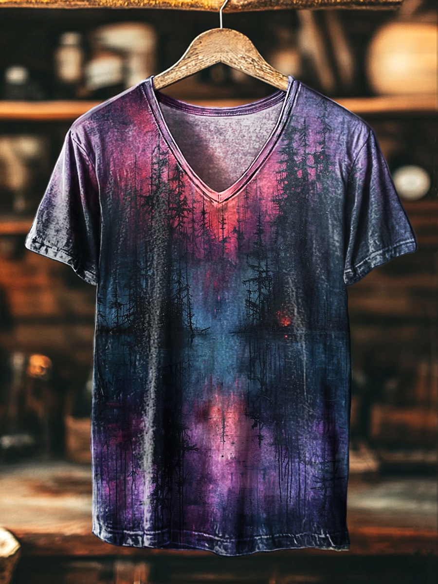Unisex Vintage Abstract Woods Landscape Art Print Casual V-Neck T-Shirt
