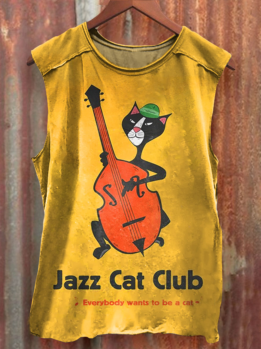 Vintage Funny Jazz Cat Art Print 100% Cotton Casual Tank Top