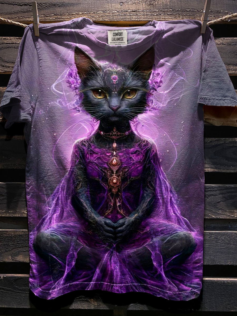 Fancy Meditation Yoga Cat Art Print Casaul Short Sleeve T-shirt