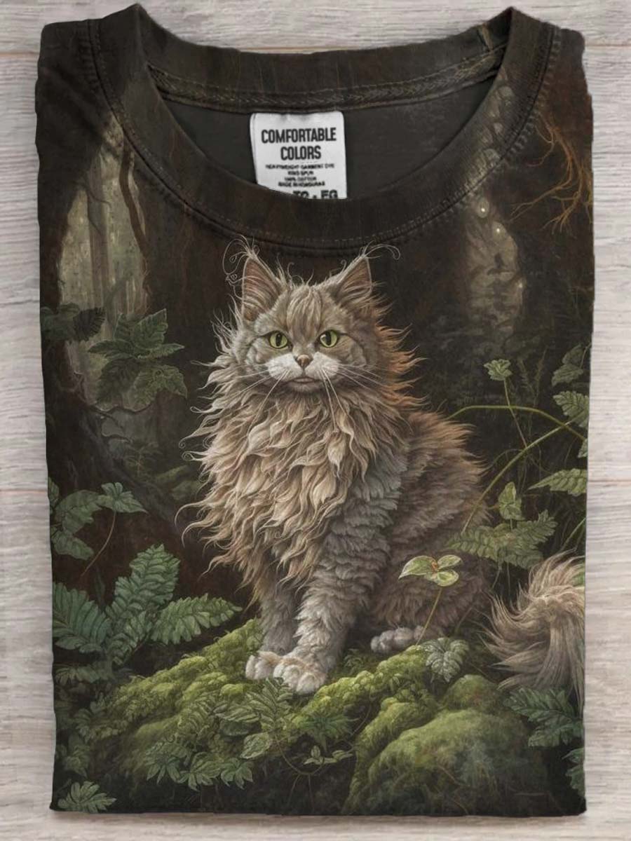 Unisex Cat in the Forest Printed Casual Short Sleeve T-Shirt